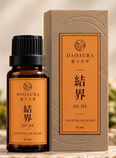 深棕玻璃精油瓶,黑色瓶蓋與橙色標籤,旁爲紙盒