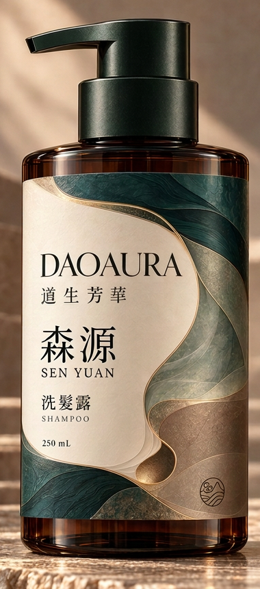 琥珀色洗髮露瓶，森源綠葉標籤