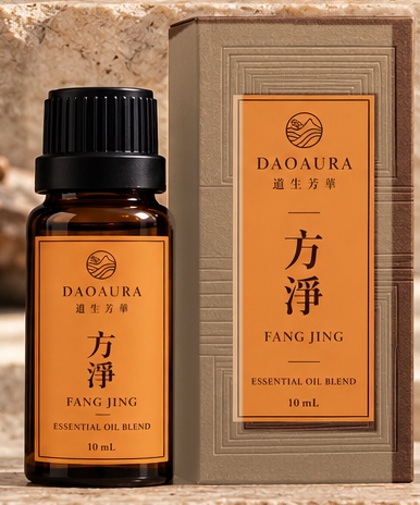 深棕玻璃精油瓶,黑色瓶蓋與橙色標籤,旁爲紙盒