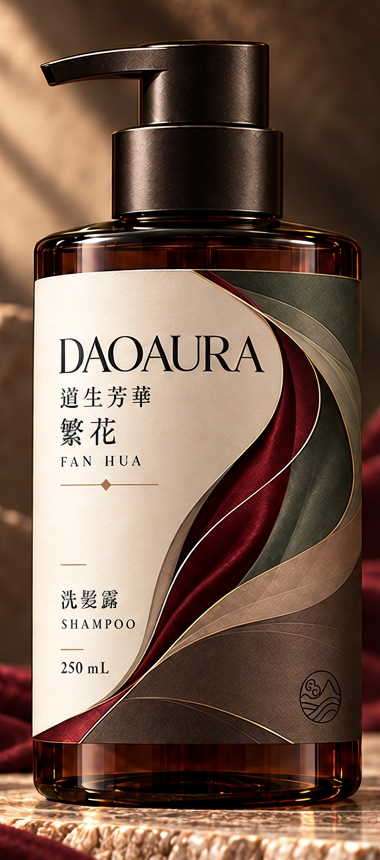 琥珀色洗髮露瓶,繁花絲緞標籤