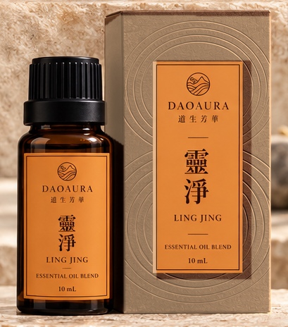 深棕玻璃精油瓶,黑色瓶蓋與橙色標籤,旁爲紙盒