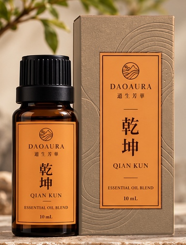 深棕玻璃精油瓶,黑色瓶蓋與橙色標籤,旁爲紙盒