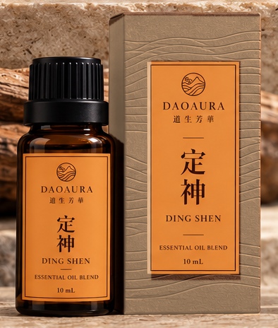 深棕玻璃精油瓶,黑色瓶蓋與橙色標籤,旁爲紙盒